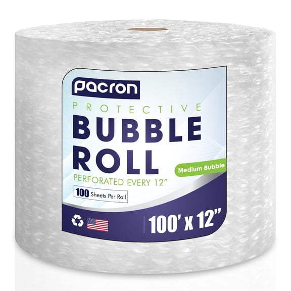 Pacron Clear Bubble Wrap Roll 100FT x 12IN, 5/16" Medium Bubble Roll - Perforated, Durable Plastic Wrap for Shipping, Moving, & Storage