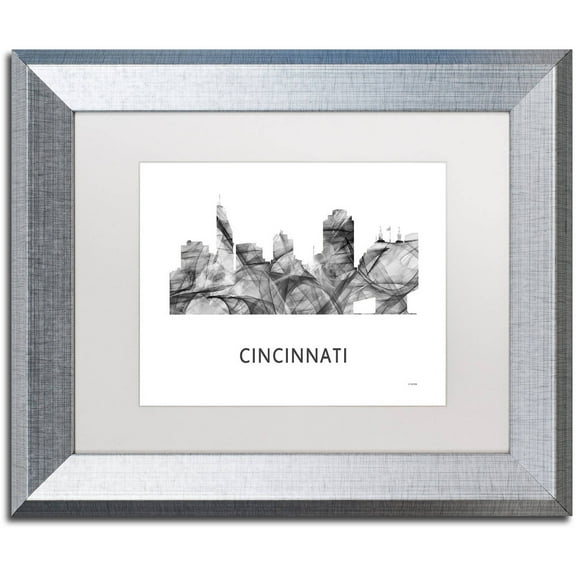 Trademark Fine Art 'Cincinnati Ohio Skyline WB-BW' Canvas Art by Marlene Watson, White Matte, Silver Frame