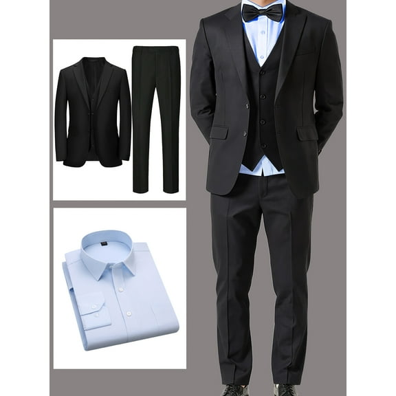 4pcs Mens Formal Suit Set, Men Solid Color Front Button Flat Collar Long Sleeve Minimalist Blue Shirt Pants Casual Suit Set, All Seasons Office Clothing