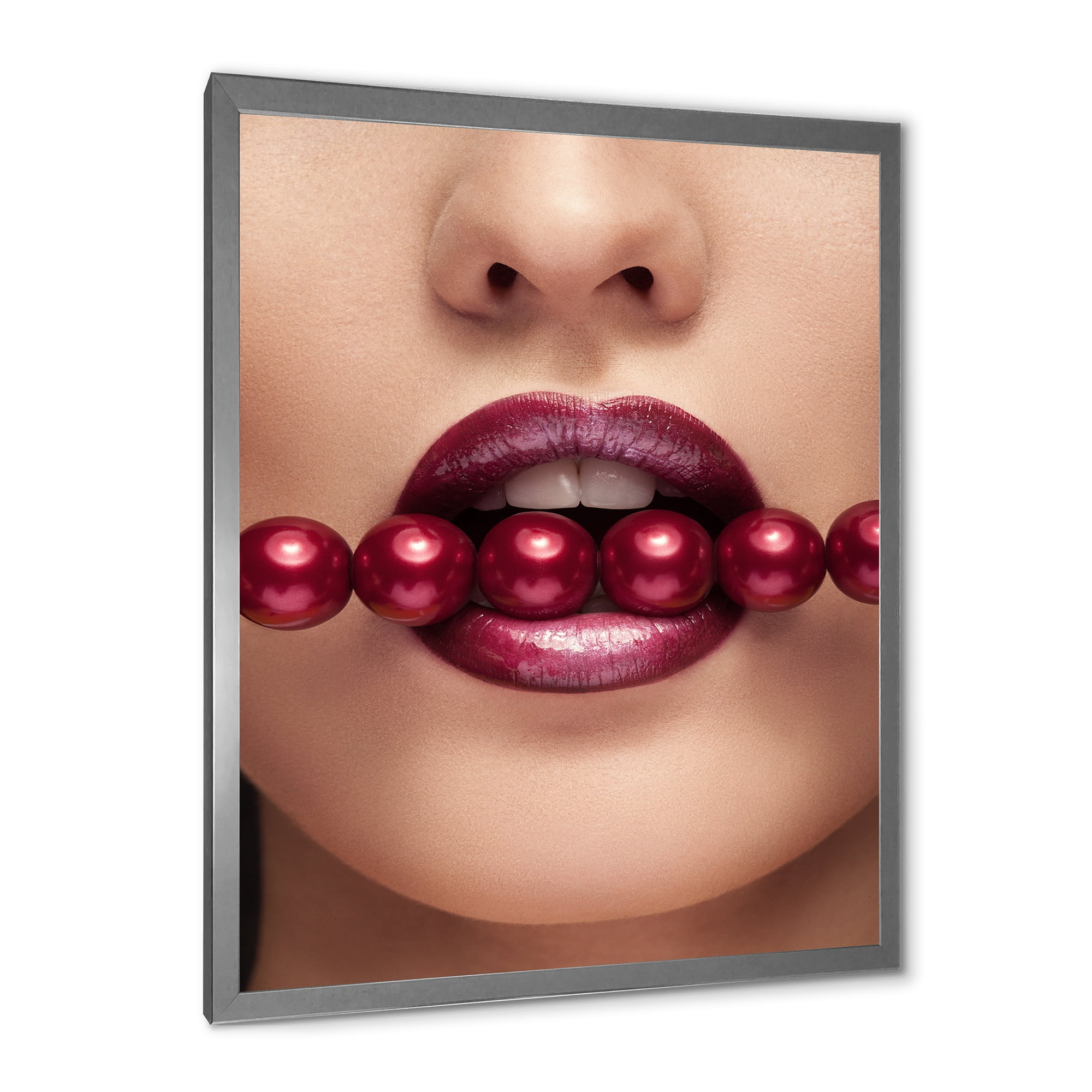 Designart 'Girl With Red Pearls In Mouth In A Sensual Pose' Modern Framed Art Print