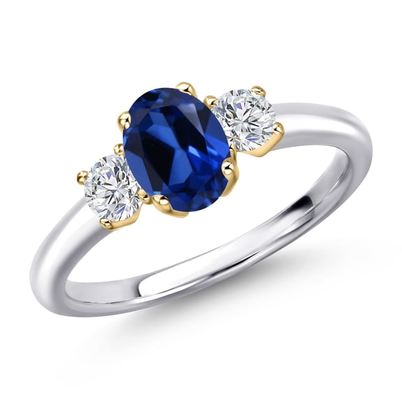 Gem Stone King 10K Two Tone Gold Blue Created Sapphire and Lab Grown Diamond Engagement Ring for Women | 1.34 Cttw | Oval 7X5MM | Gemstone September Birthstone | Size 6