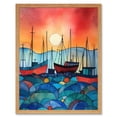 thumbnail image 1 of Fishing Boats At Sunset Folk Art Watercolour Painting Art Print Framed Poster Wall Decor 12x16 inch, 1 of 5