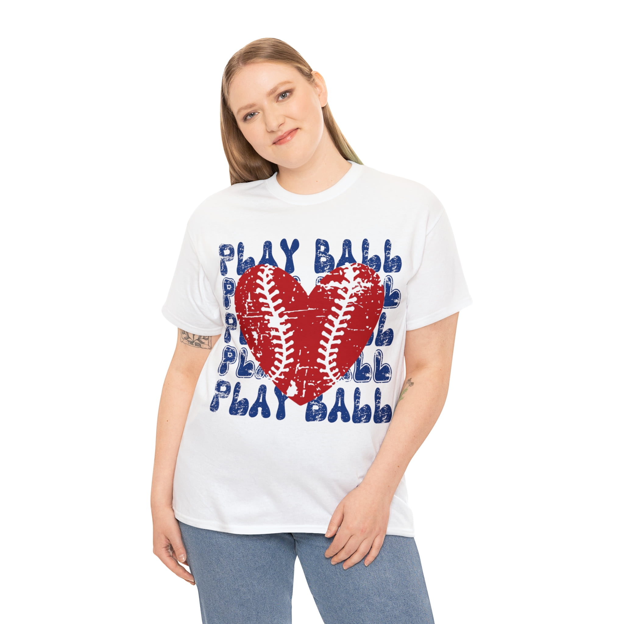 Vintage Play Ball Retro Heart Baseball T-Shirt Women's Unisex Graphic Tee White 2XL