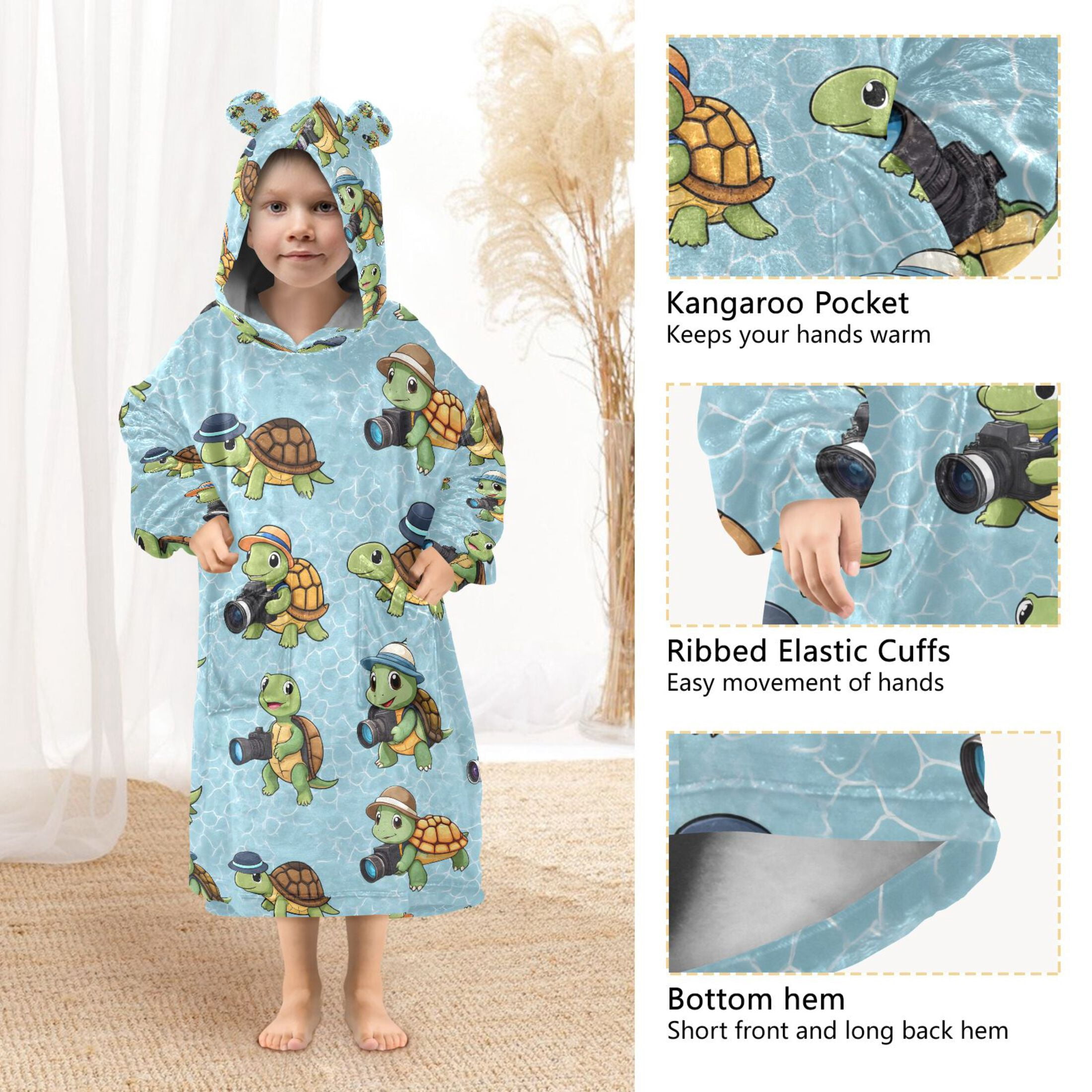 joogoo Wearable Blanket Hoodie for Cute Turtle Camera Flannel Sherpa Pocket 3-14 YR S