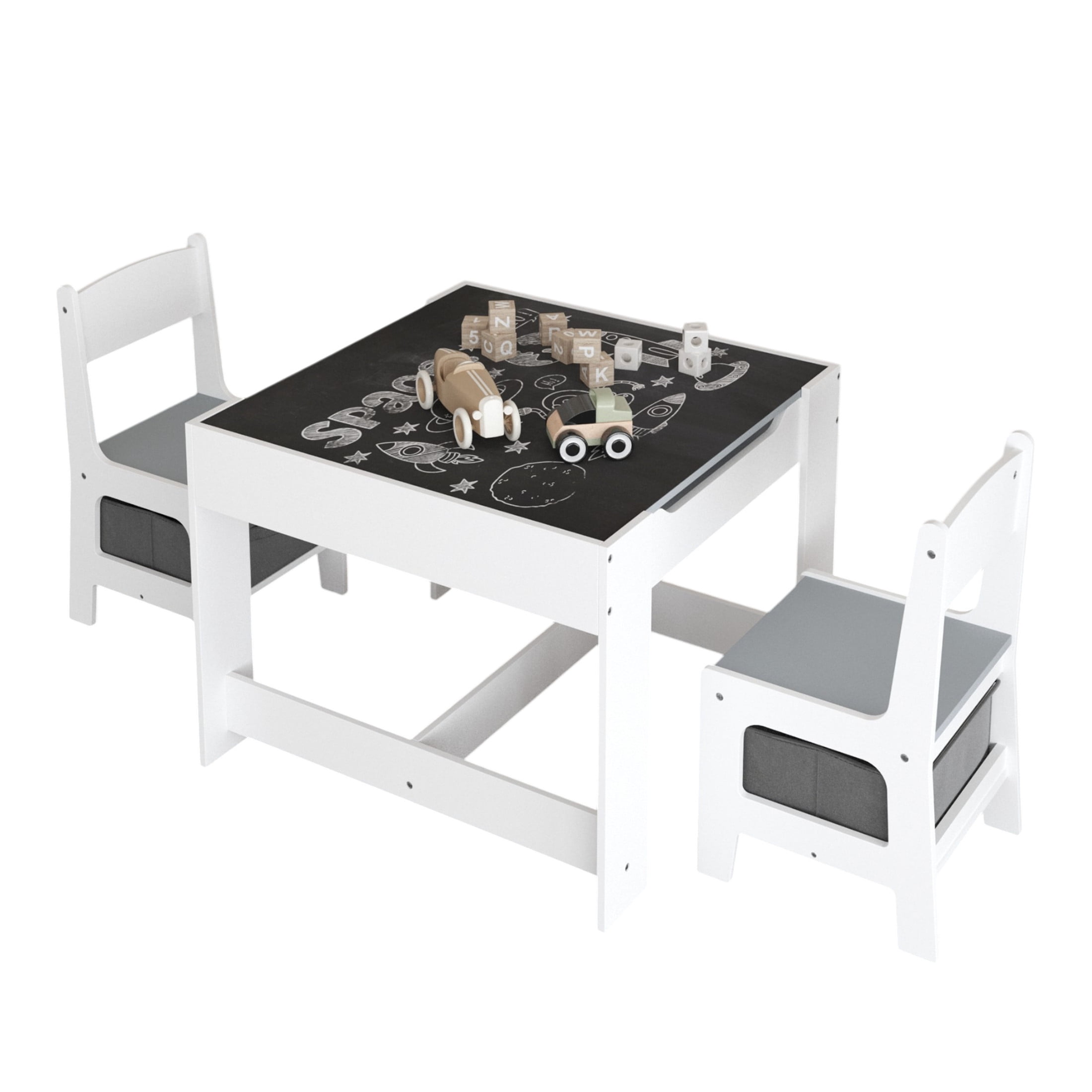 Noble House 3-in-1 Kids Wooden Activity Table and 2 Chairs Set, Reversible Blackboard Top with Storage Drawer, White