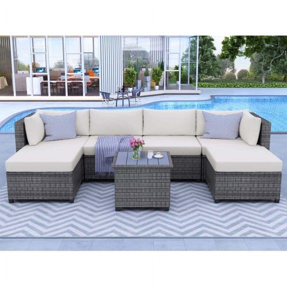Rattan Combination Seat Set of 7 Pieces Wicker Rattan Modular Furniture Set Comfort Lounge Chair Outdoor Rattan Sofa with Cushions for Backyard Garden Poolside (Beige) - image 3 of 5