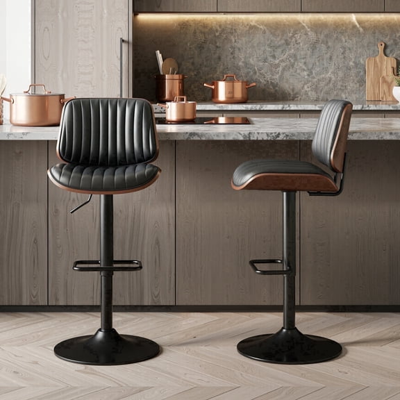 EOP Adjustable Swivel Bar Stools Set of 2, Faux Leather Upholstered Counter Height Chairs with Back Dining Barstools for Kitchen Island, Black