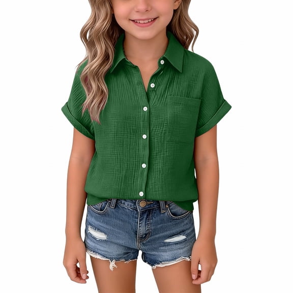 EnJoCho Girls Linen Shirts Short Sleeve Button Down Collared Dress Shirt for Teen Summer Plain Lightweight Breathable Lapel Tops Girls Linen Blend Short Sleeve Shirt