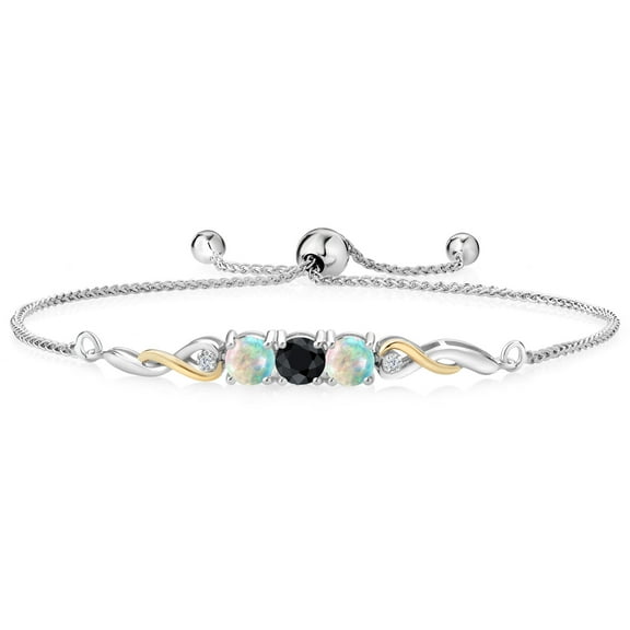 925 Sterling Silver and 10K Yellow Gold Black Sapphire White Opal and White Lab Grown Diamond Tennis Bracelet for Women (1.71 Cttw, Gemstone September Birthstone, Fully Adjustable up to 9 inch)