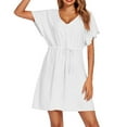 thumbnail image 2 of Rigardu swimsuit coverup for womenswim cover up for women Summer Women's Short Sleeved Beach Outfit Loose V Neck Bikini Waist Tied Dress Beach Swimsuit Cover Up White + M, 2 of 4