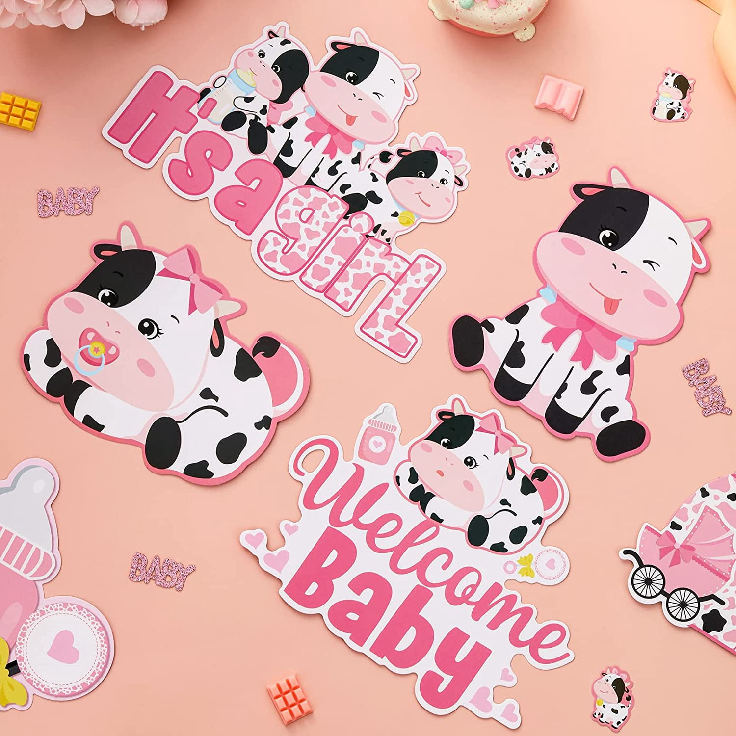 24 Pieces Cow Centerpieces for Tables Baby Shower, Cow Theme Table Toppers, Cow Baby Shower Centerpieces Decorations Girl for Farm Animal Birthday Party Supplies