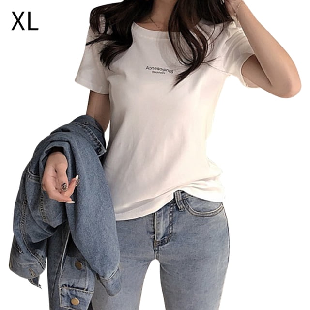 Camiseta de mujer de manga corta con cuello redondo Camiseta con estampado de letras, blanco, XL Yuarrent AP001571-03B
