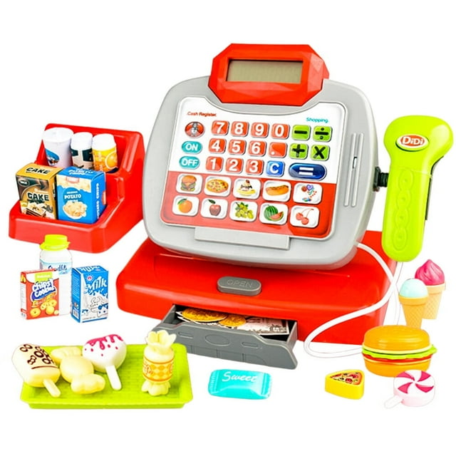 Ensemble de Jeu de Peseuse Jouet Caisse Enregistreuse pour Enfants avec Numériseur, Aliments et Calculatrice, Cadeau 3+