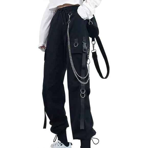 HAHDAXIA Women Black Trousers Pants with Chain Pocket High Waist Capri Cinch Bottom Sweatpants Joggers