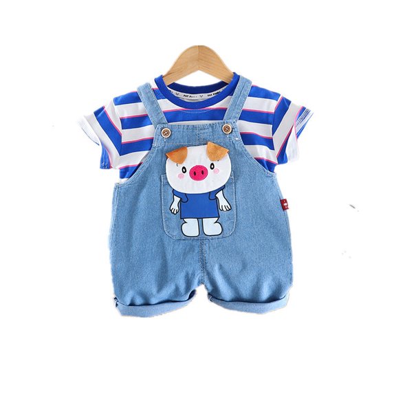 Small and medium-sized children's new summer short sleeved set for boys and girls, baby 0-5 years old cotton top, denim straps, shorts, two-piece set