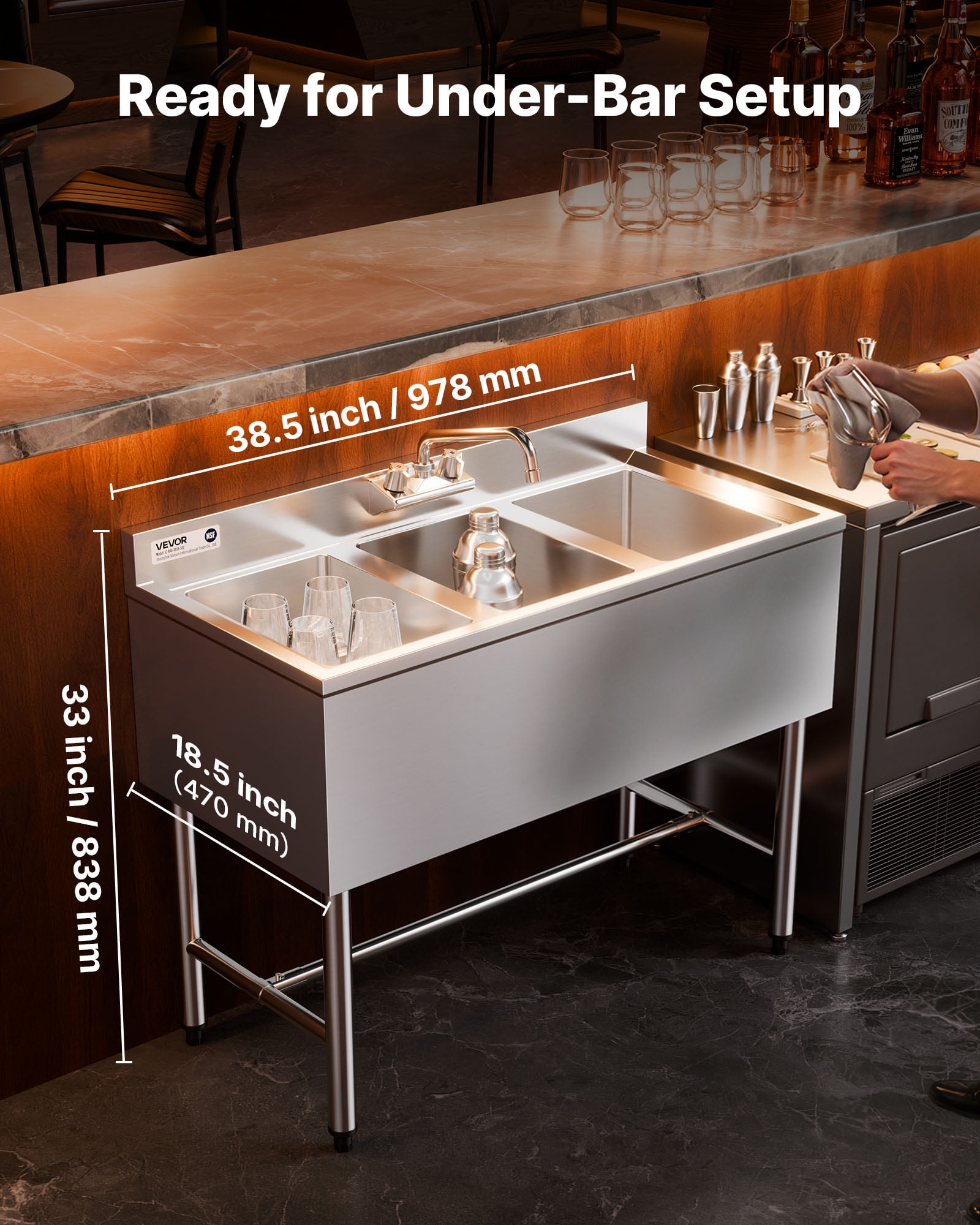 VEVOR 3 Compartment Sink, 18-Gauge 304 Stainless Steel, 10" x 14" x 10" Bowl Size, 3 Bay Commercial Under Bar Sink with Backsplash and Efficient Drainage for Kitchen,Restaurant, Food Truck & Home Use