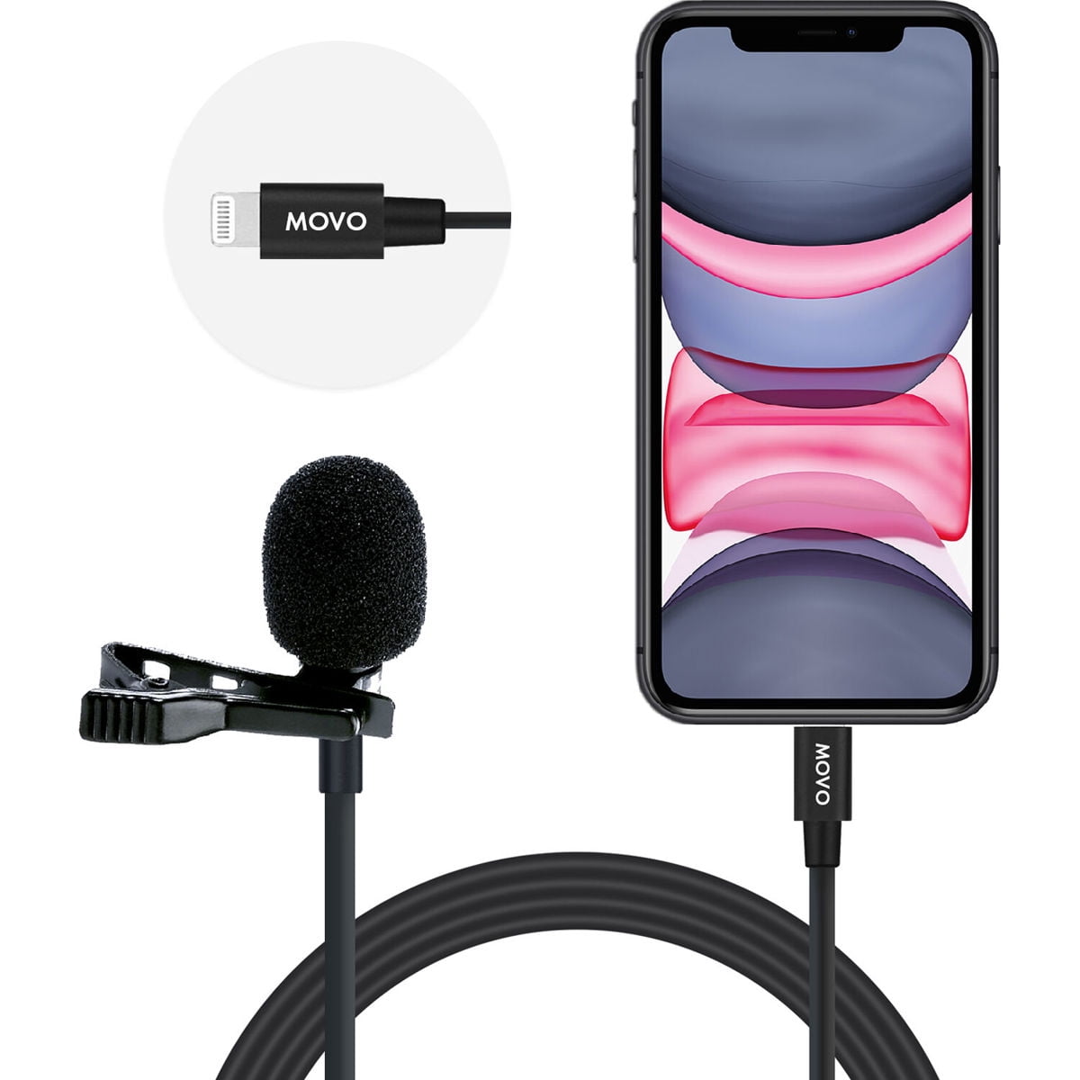 Movo Photo iLav-L Digital Clip-On Omnidirectional Lavalier Microphone with MFi Certified Lightning Connector, 20' Cable