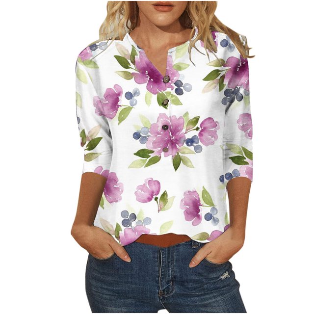 Blouses et Hauts pour Femmes Mode Manches Trois-Quarts Rétro Col en V Imprimé de Pâques Hauts Amples Blouse Hauts et Blouses Sexy Manches 1/2 pour Femmes