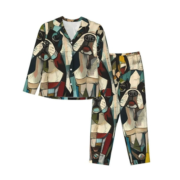 Balery Colorful Bulldog Duo Conjunto de Pijama con Estampado para Mujer, Conjunto de Dos Piezas con Manga Larga, Ropa de Dormir Suave con Bolsillos, Pijamas Cómodos-Large