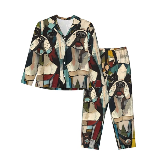 Fotbe Colorful Bulldog Duo Conjunto de Pijama de Manga Larga para Mujer con Estampado, Ropa de Dormir de 2 Piezas, Conjunto de Casa Suave y Cómodo con Bolsillos-X-Large
