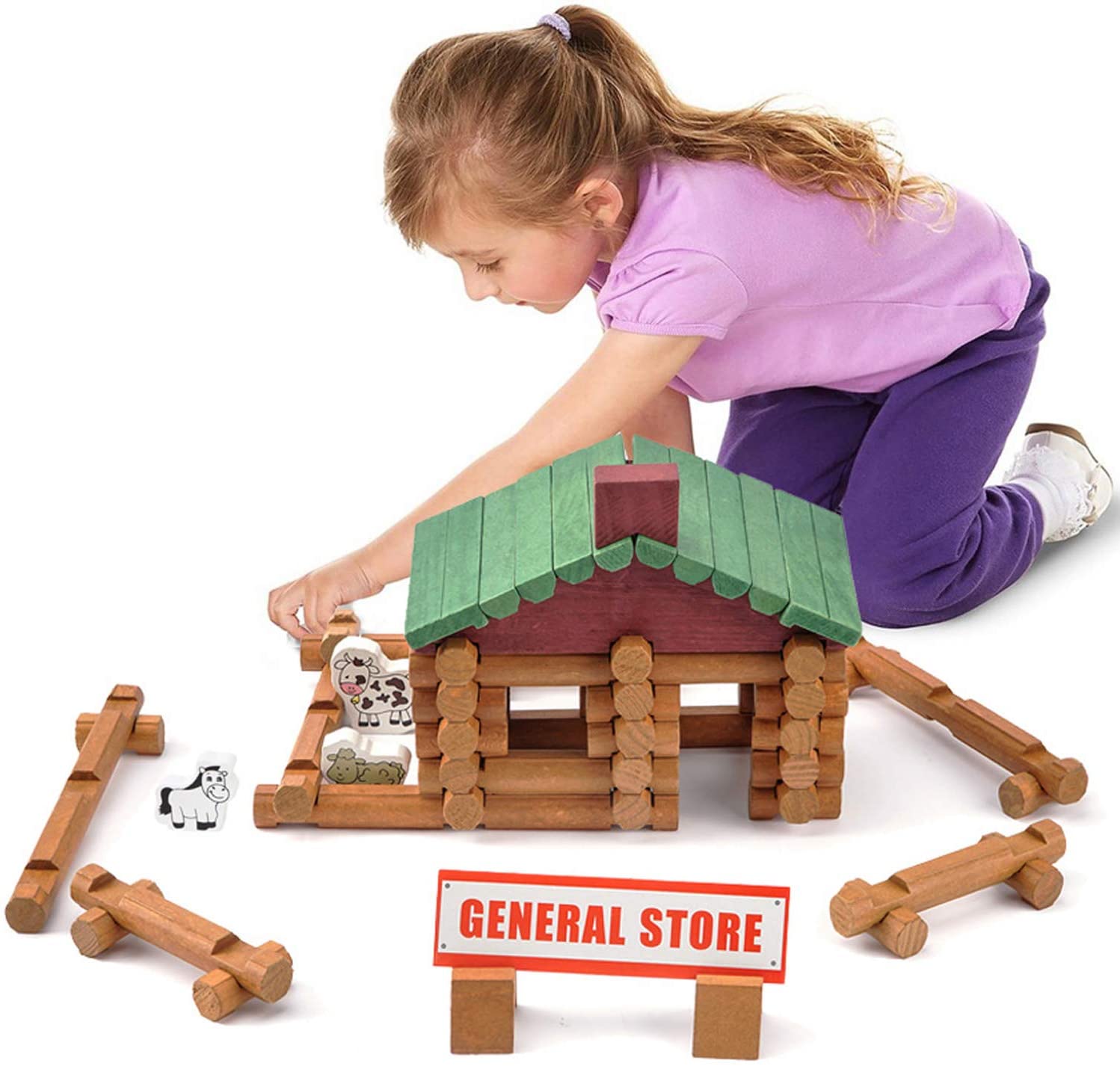 Wondertoys 170 Pieces Wood Logs Set Ages 3+, Classic Building Log