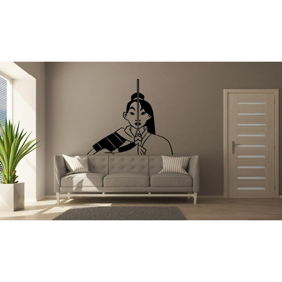 Disney Cartoon Character Mulan Warrior Princess Portrait Silhouette Wall Sticker Design For Kids Boys Girls Room Bedroom Fun Wall Home Decal Design Stickers Wall Art Vinyl Decoration Size (30x30 inch)