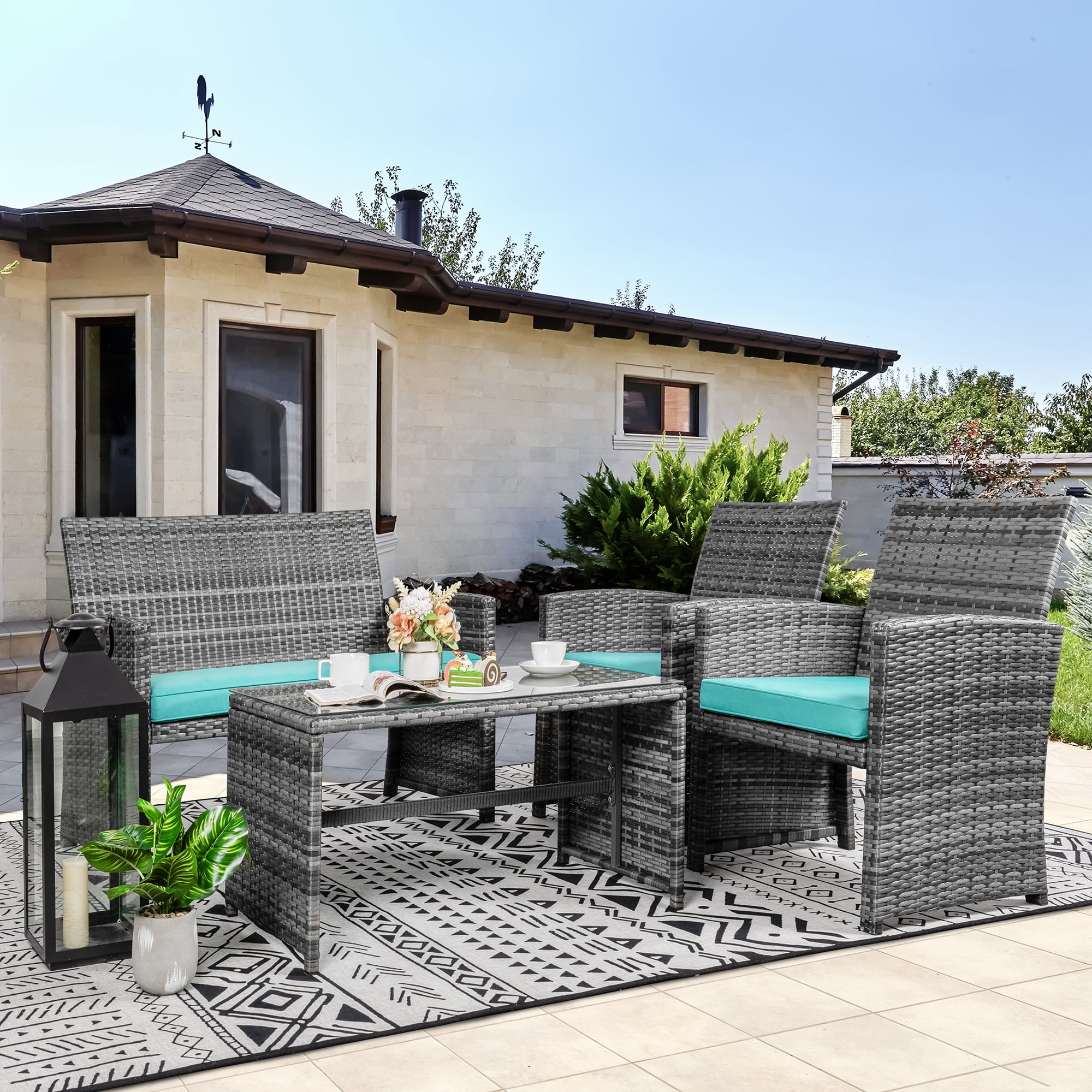 Walsunny 4-Piece Patio Rattan Furniture Set with Cushions & Tempered Glass Tabletop, Blue