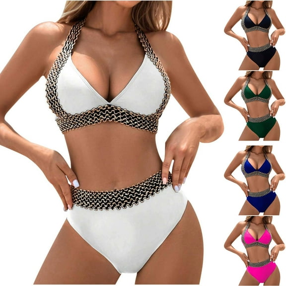 MGDXOX Two Piece Bikini Sets for Women Halter Neck Color Block Swimsuit Self Tie High Waisted Tummy Bathing Suit Black L