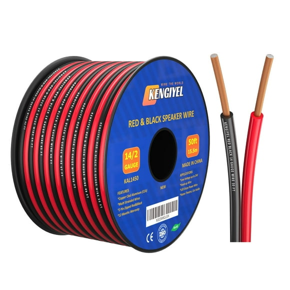 Cable de altavoz KENGIYEL, calibre 14, 15 m, 2 conductores, rojo y negro