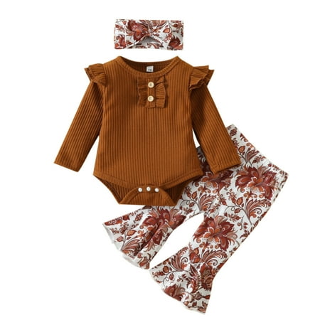 

Mom And Baby Matching Shoes Toddler Girls Long Sleeve Print Ribbed Tops Flower Pants Headbands Girls Cotton Romper