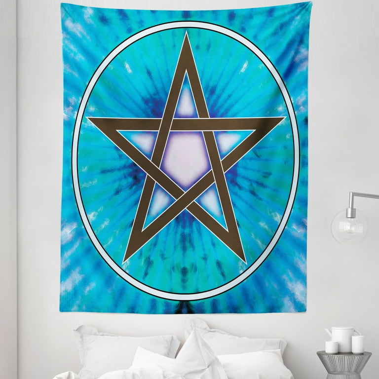 Pentacle Tapestry Interlaced Pentagram Star Framed by Circular Shape on Beam Hand Drawn Pattern Fabric Wall Hanging Decor for Bedroom Living Room