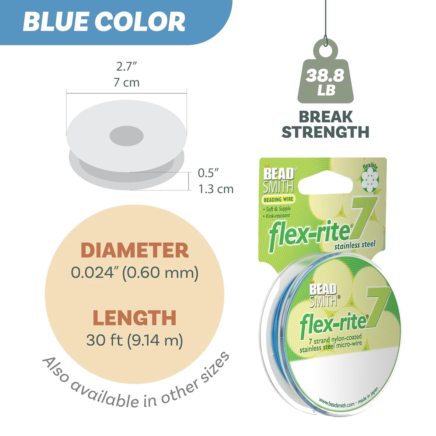 The Beadsmith Flex-Rite Beading Wire - 7-Strand, 0.024" (0.60 mm) Dia, Blue, 30 ft
