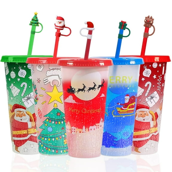 Christmas Color Changing Cups with Lids and Straws Include Straw Covers,Christmas cups for kids,Reusable Cups For Party,5 Pack,24 oz