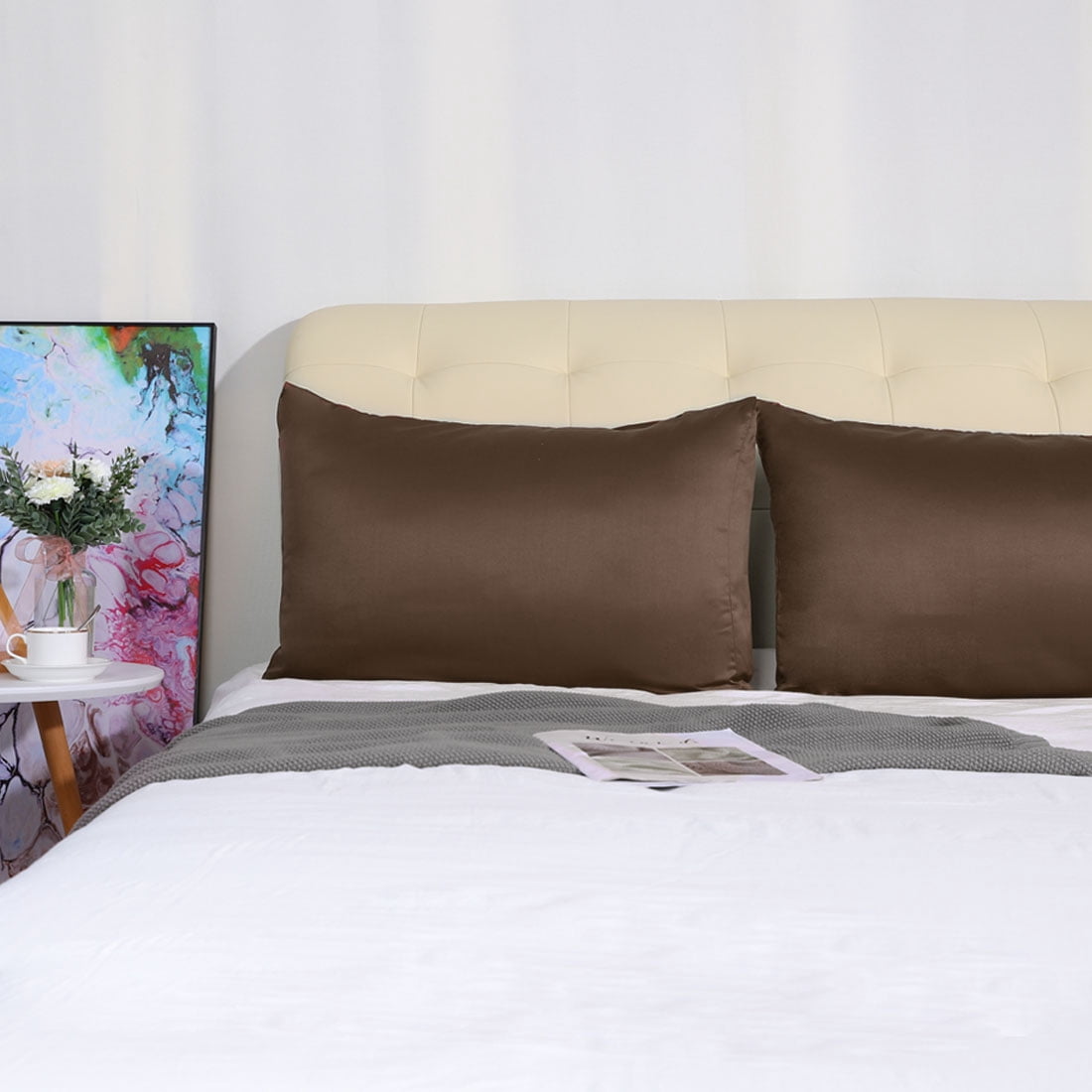 Unique Bargains Silky Satin Pillow Cases Covers Set of 2 Brown Standard