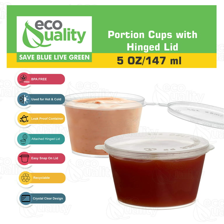 EcoQuality 5 Oz Leak Proof Portion Cups with Lids - Plastic Condiment  Souffle Containers with Attached Hinged Lid - Perfect for Sauce Cup, Sample  Cup, Jello Shot Cups with Lids, Food Storage (150) 