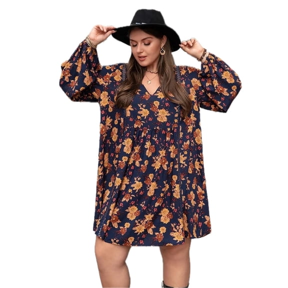 Women's Plus Size Floral V Neck Balloon Sleeve Dress 100% viscose Lightweight Flowing Fabric Perfect for Day Wear