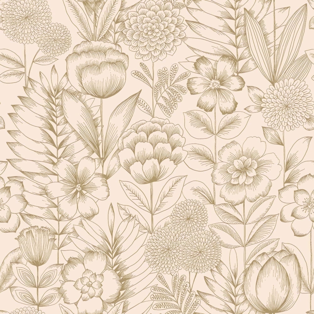 Tempaper Homestead Floral Vintage Metallic Gold Peel and Stick Wallpaper, 20.5" x 16.5'