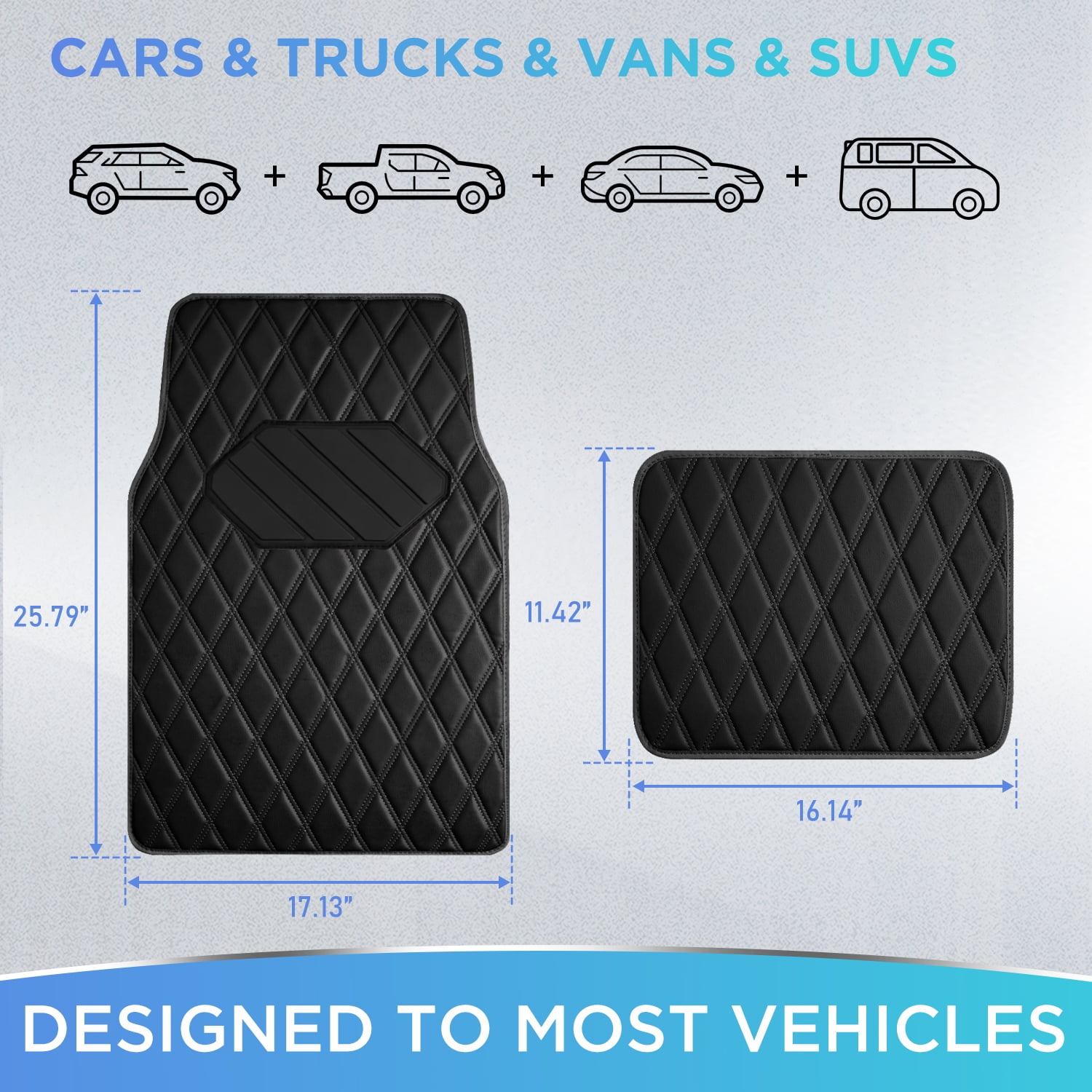 Road Comforts 4PC Leather Quilted Car Floor Mats, Stylish, Durable, Waterproof, Non-Slip, Full Coverage for Cars and SUVs Black