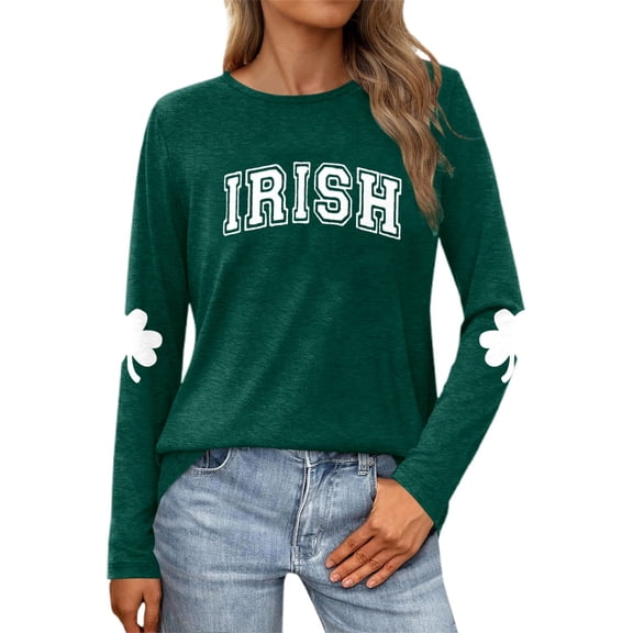 St Patricks Day Long Sleeve T Shirts For Women Irish Shamrock Crewneck Tshirt Clover Tees Casual Tops Spring Summer Slim Green L