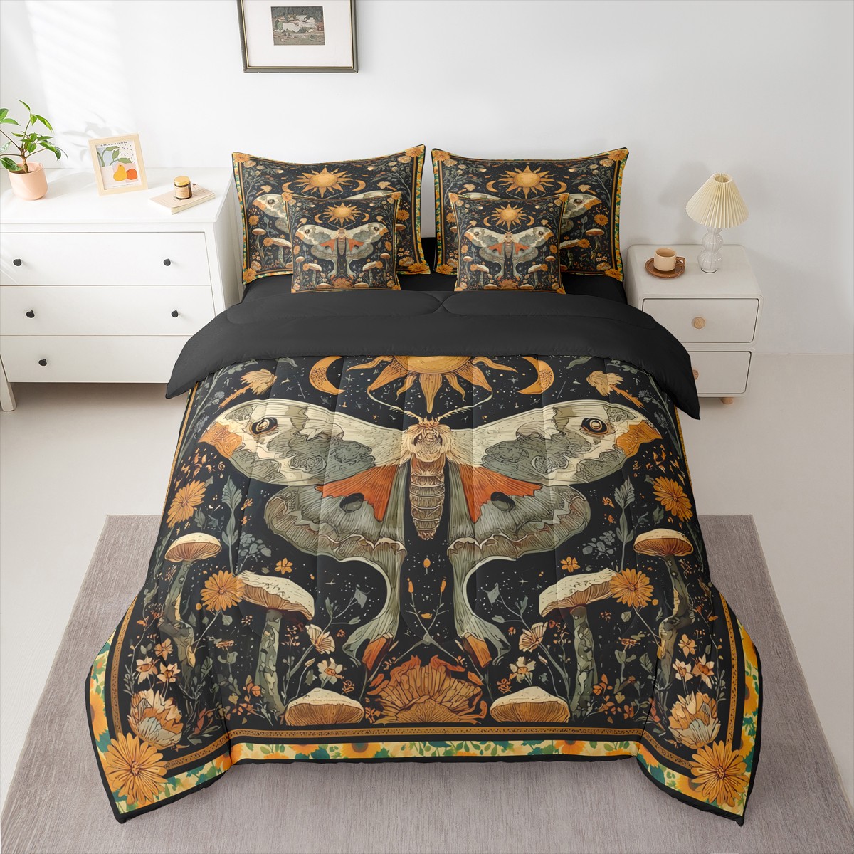 jejeloiu Retro Boho Moth Bedding Comforter Set 7pcs,Gothic Theme Queen Bedding Sets,Rustic Mushroom Queen Sheet Sets For Teens,Super Cozy Room Decor Reversible