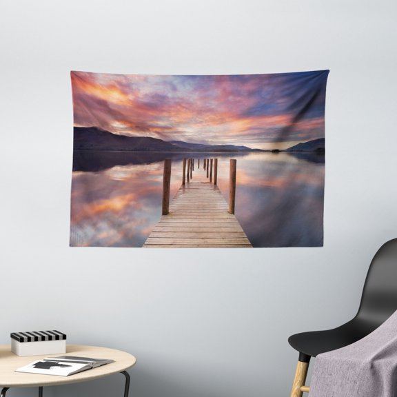 Landscape Tapestry, A Flooded Jetty In Derwent Water Lake District England Sunset Morning Photo, Wall Hanging for Bedroom Living Room Dorm Decor, 60W X 40L Inches, Coral Purplegrey, by Ambesonne