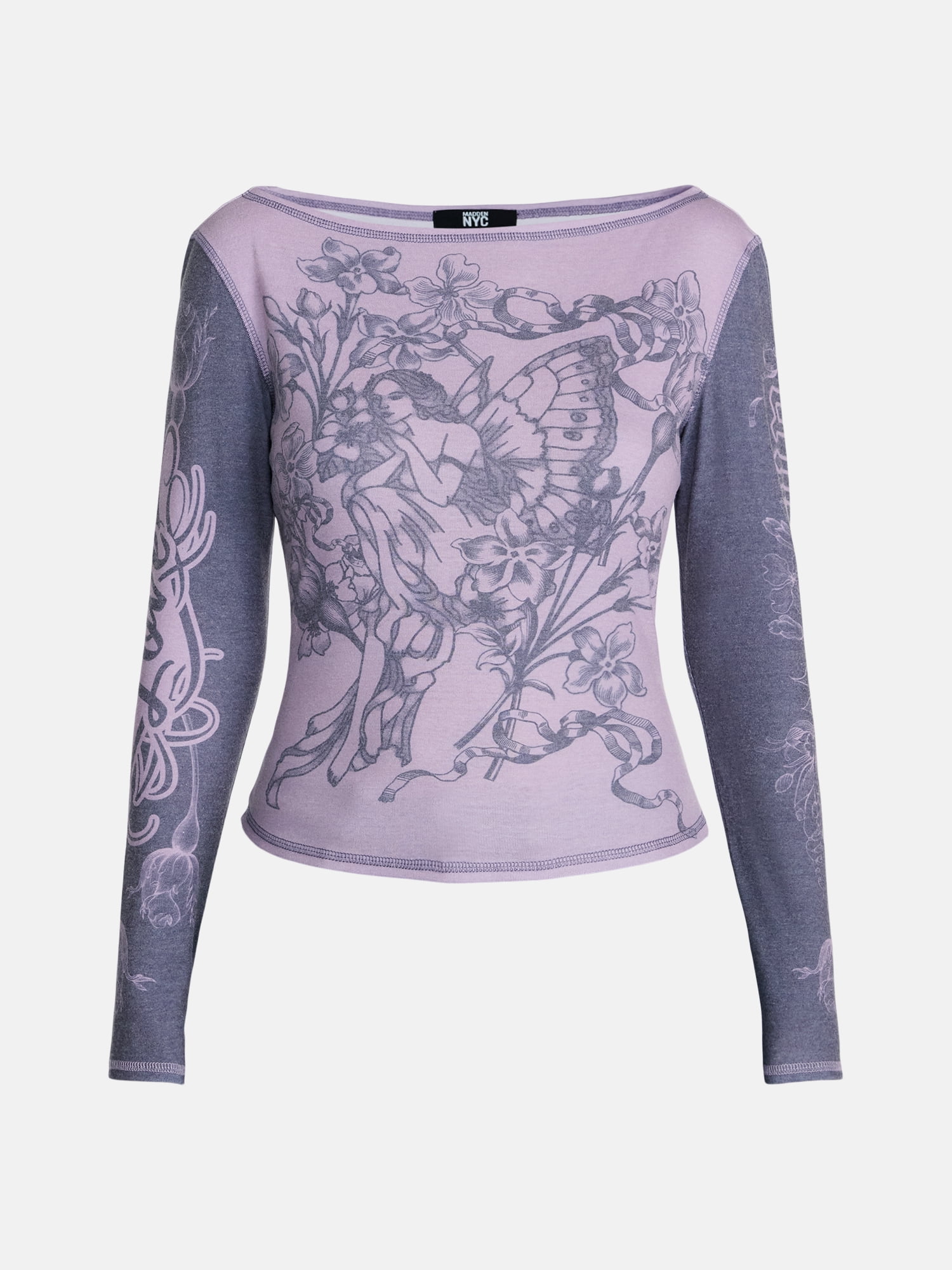 Madden NYC Women's Boatneck Graphic Top with Long Sleeves, Sizes XXS-XXL