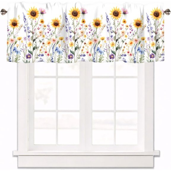 Spring Wildflowers Curtain Valance for Windows Watercolor Pink Floral Sunflower Window Treatments 1 Panel Short Curtains for Kitchen Windows Bathroom Bedroom,54 x 18 Inch