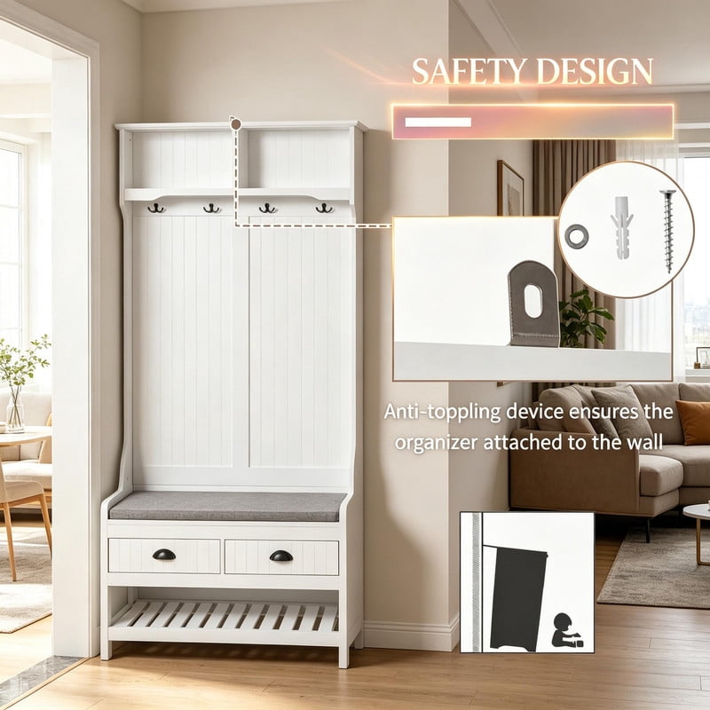 Multifunctional Hall Tree with Storage Bench,4 Hooks, 2 Drawers & Shoe Shelf, Modern Entryway Coat Rack Stand for Living Room, Mudroom,White + Gray)