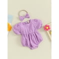 thumbnail image 3 of Bslissey Baby Girls Short Puff Sleeve Romper Solid Color Mesh Plaid Square Neck Bodysuit with Bow Headband Newborn Infant Cute Clothes for Casual Daily 3M 6M 12M 18M, 3 of 9