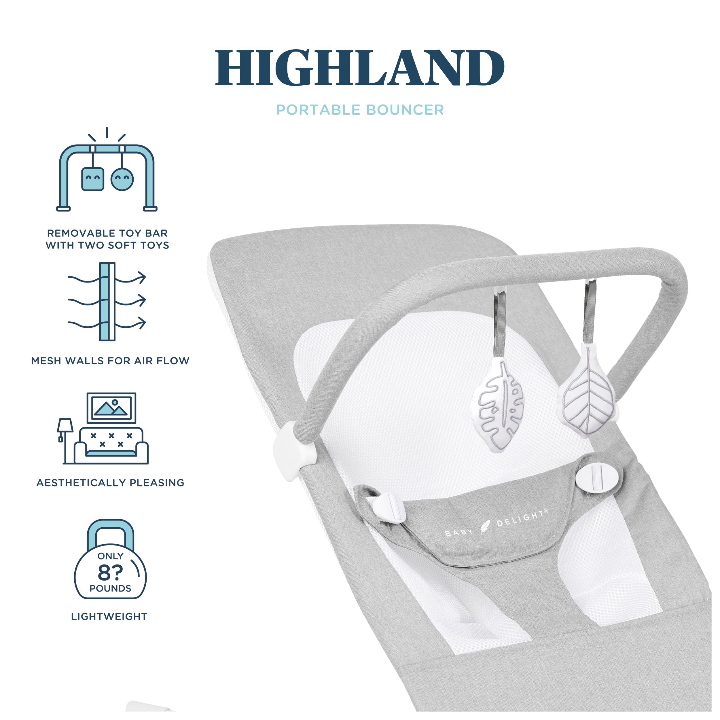 Baby Delight Highland Portable Baby Bouncer, 3-Position, Infants 0-6 Months, Pebble Grey (Unisex)
