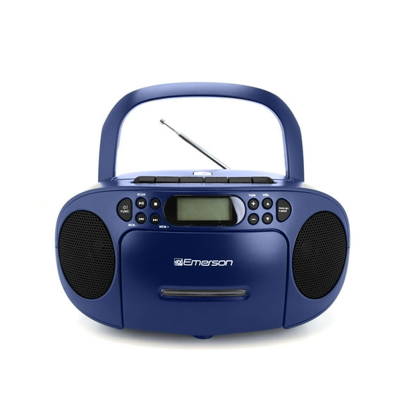Emerson Reproductor de CD portátil Boombox con reproductor de casete combinado, grabadora de cinta, radio AM/FM, AUX, conector para auriculares, altavoces duales, AC/DC y funciona con pilas, sistema e