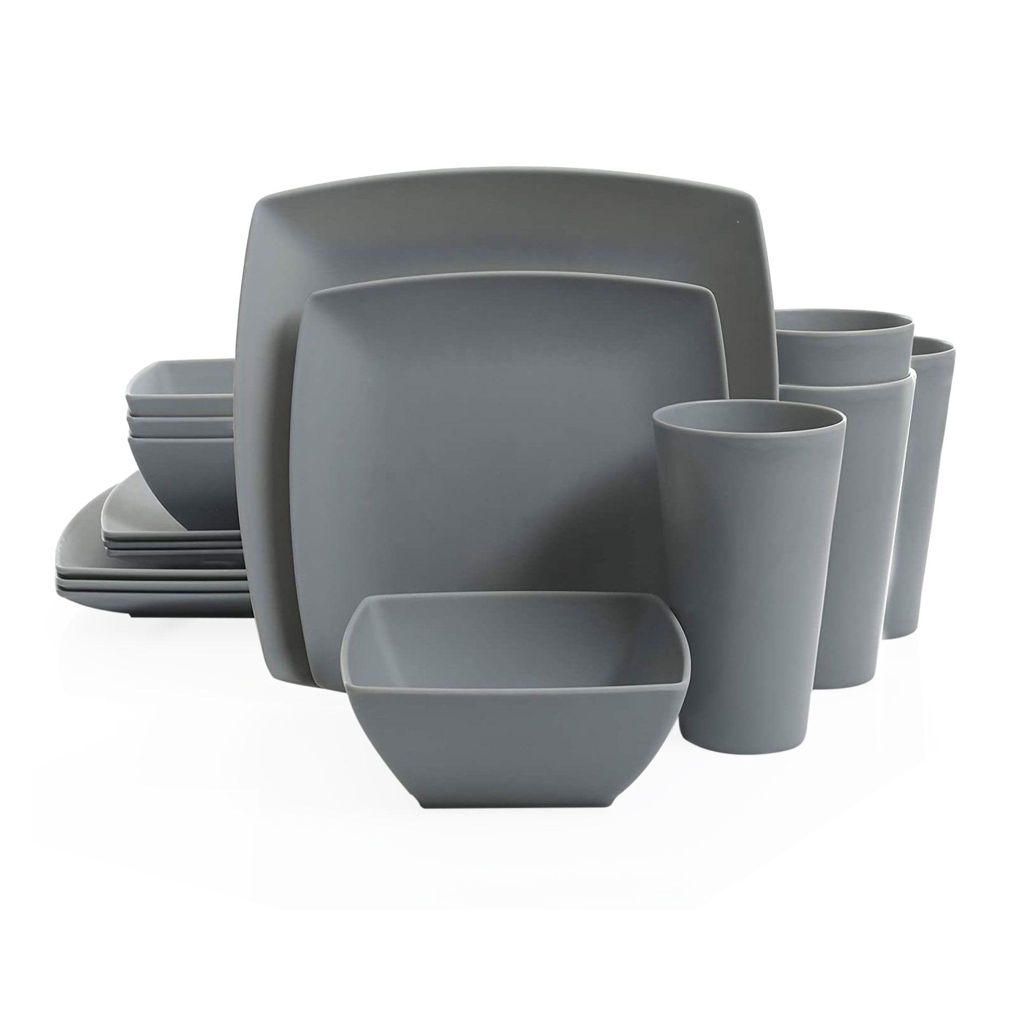 Gibson Home 16pc Square Dinnerware Set Plates, Bowls, & Cups, Grey (3 Pack)