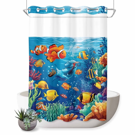 Ocean Marine No Hook Shower Curtain Life Fish Coral Seagrass Underwater Coastal Shower Curtain with See Through Top Window, Waterproof Washable Fabric Curtain for Bathroom Hotel Decor, 48Wx72L