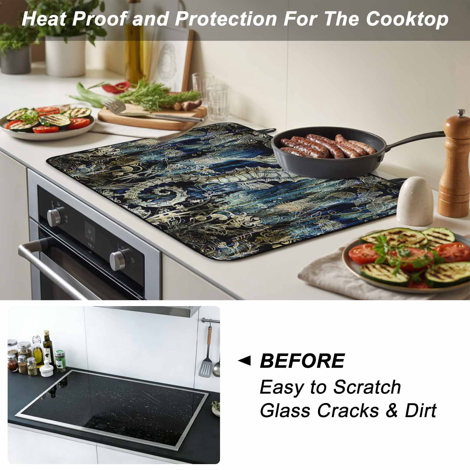 Sea Horse Stove Top Cover for Electric Stove, Heat-proof & Non Slip Glass Top Stove Cover Protector, Coastal Ocean Golden Navy Blue Floral Leaf Kitchen Flat Cooktop Rubber Mat 24x21 Inches